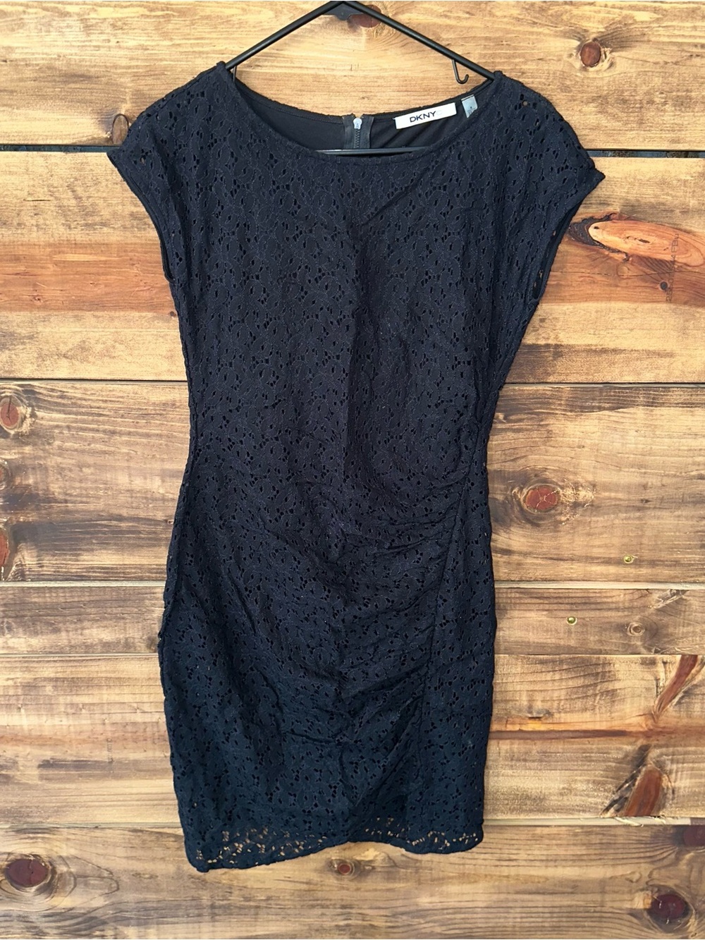 DKNYC Black Lace Cap-Sleeve Sheath Dress